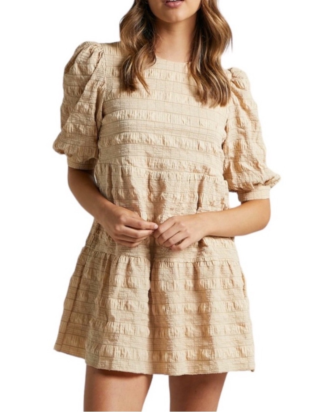 Showpo Darcia Dress Beige Check Textured Puff Sleeve Mini Dress size 4